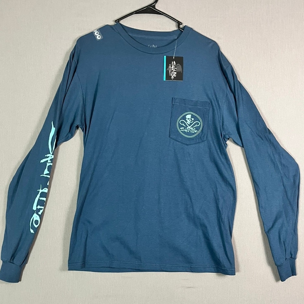 Salt Life Long Sleeve Pocket Tee Medium Cotton Blue NEW
